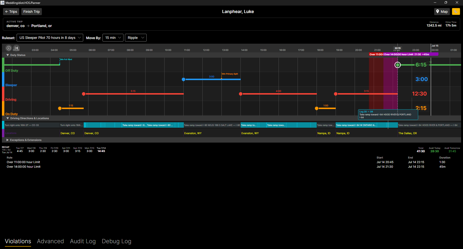 HOS Planner — trip timeline with duty-status bars and violation bands