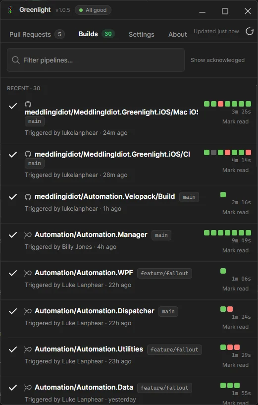 Greenlight Builds tab listing recent pipeline runs, each with a branch chip, who triggered it, a duration and a strip of green and red status squares