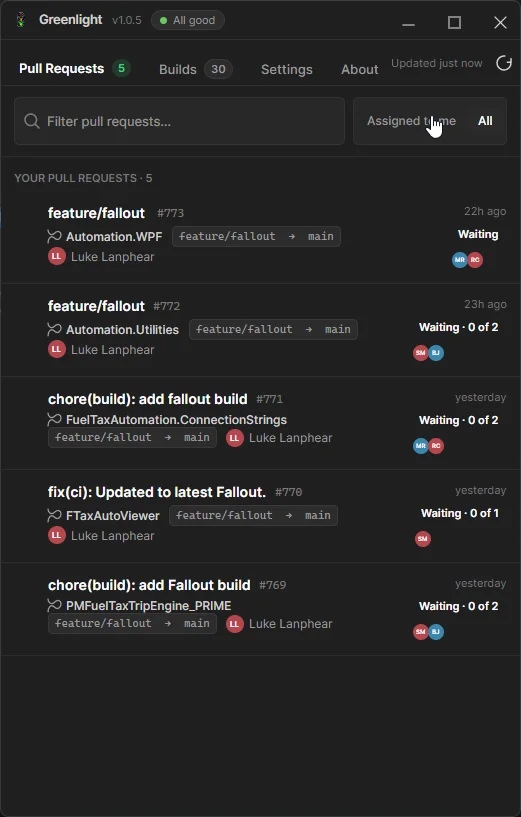 Greenlight Pull Requests tab: five open pull requests, each showing its branch, target, author, age and how many approvals it is still waiting on