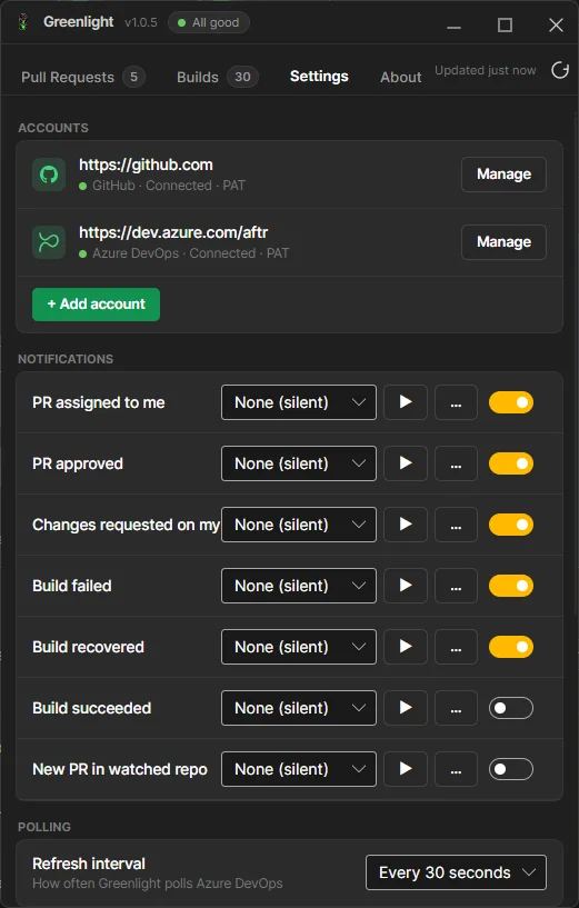 Greenlight Settings tab: connected GitHub and Azure DevOps accounts, a per-event notification list with sound pickers and toggles, and the polling interval