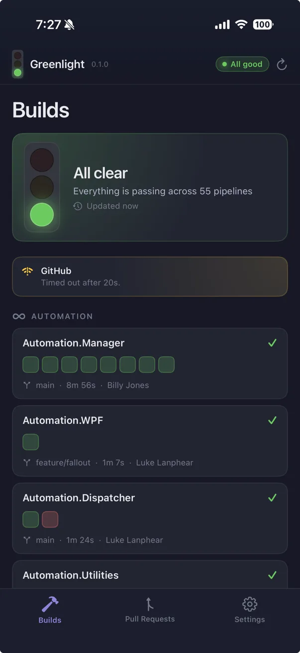 Greenlight on iPhone: a green stoplight card reading All clear, everything is passing across 55 pipelines, above a list of pipelines with pass and fail squares