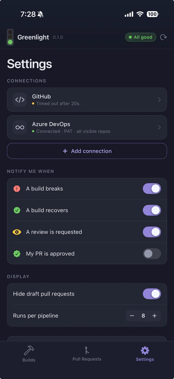 The Greenlight iOS Settings tab: GitHub and Azure DevOps connections with their status, a notify-me-when list with toggles for a build breaks, a build recovers, a review is requested and my PR is approved, and display options for hiding draft pull requests and runs per pipeline.